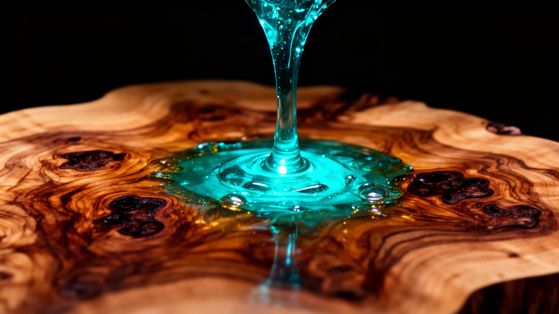 Teal resin pouring into raw wood grain